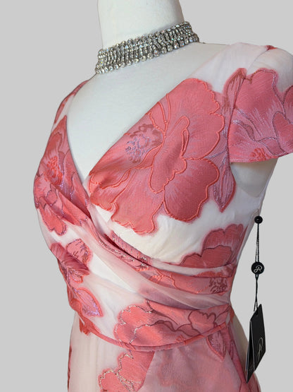 Adrianna Papell size 6 coral blush floral jacquard ruffle wrap maxi dress