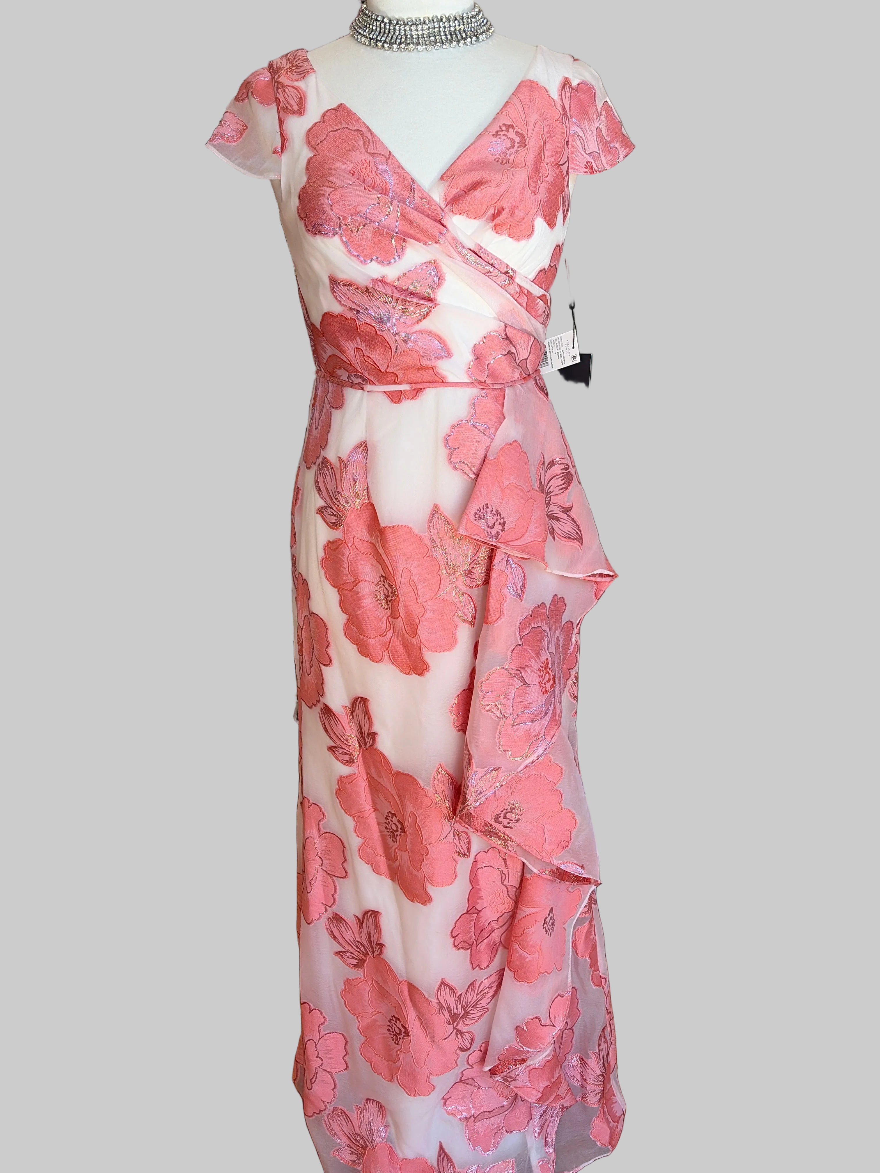 Adrianna Papell size 6 coral blush floral jacquard ruffle wrap maxi dress