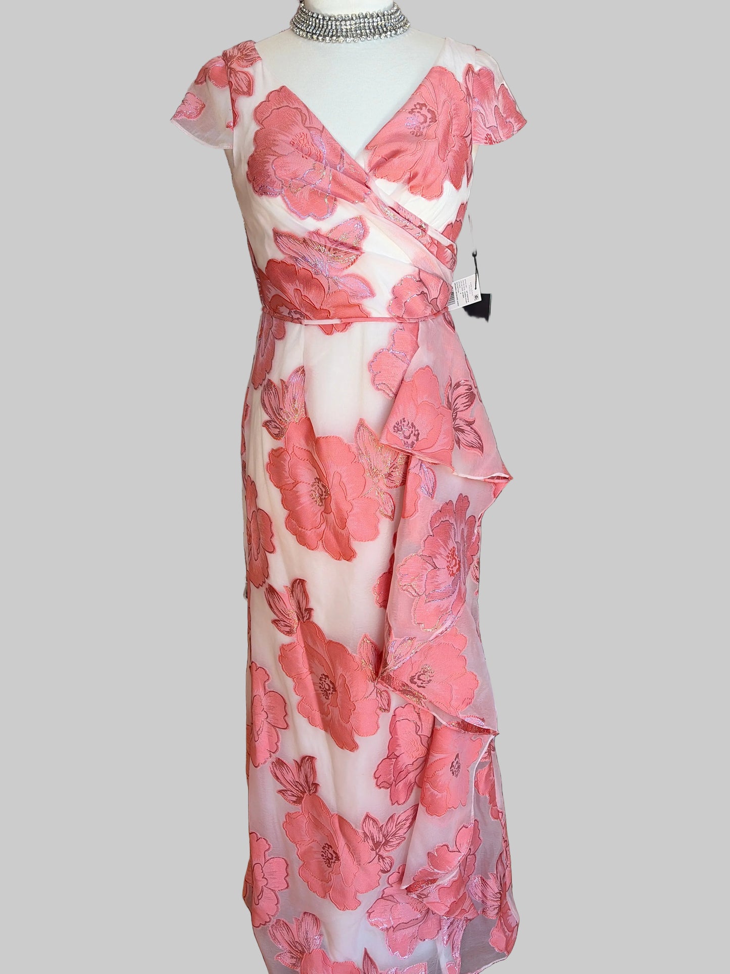 Adrianna Papell size 6 coral blush floral jacquard ruffle wrap maxi dress