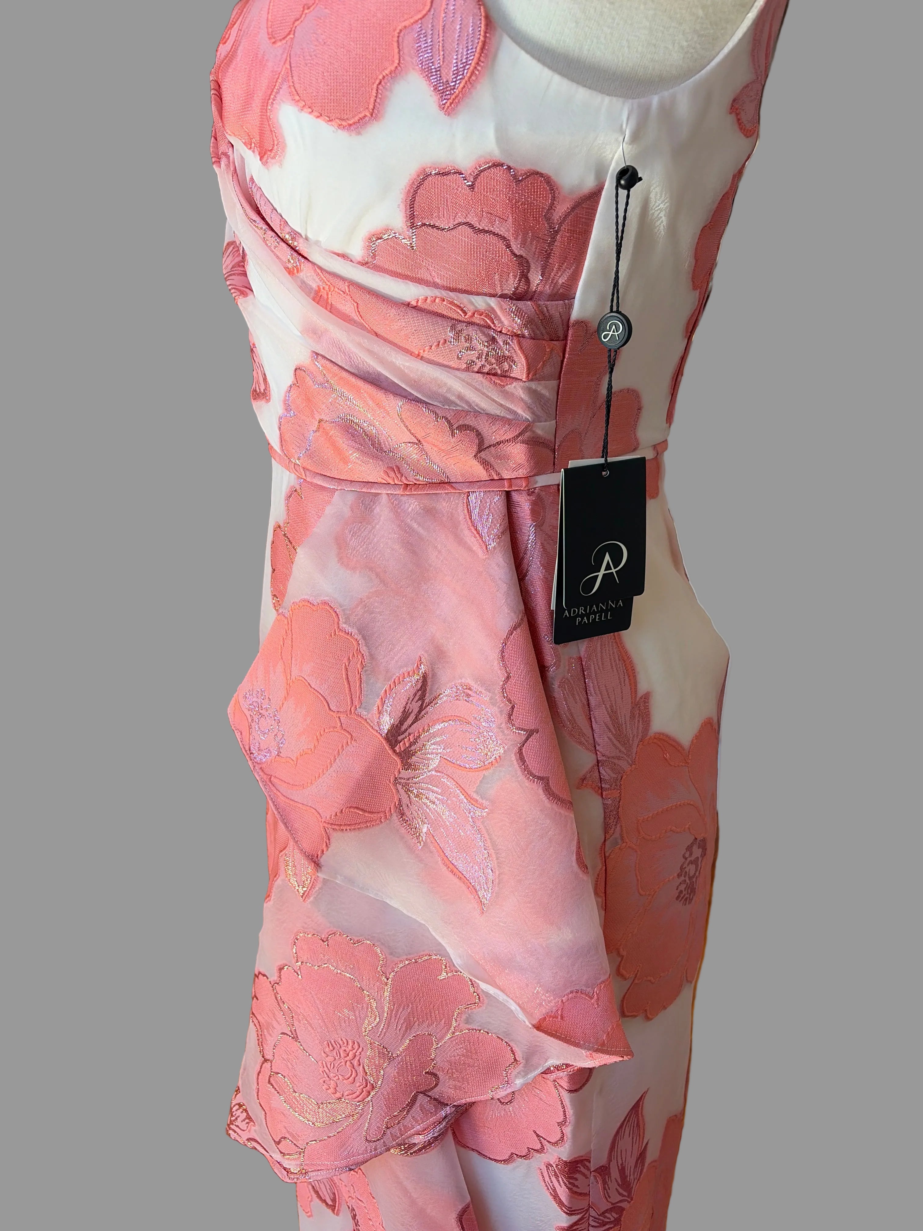 Adrianna Papell size 6 coral blush floral jacquard ruffle wrap maxi dress