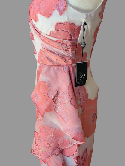 Adrianna Papell size 6 coral blush floral jacquard ruffle wrap maxi dress