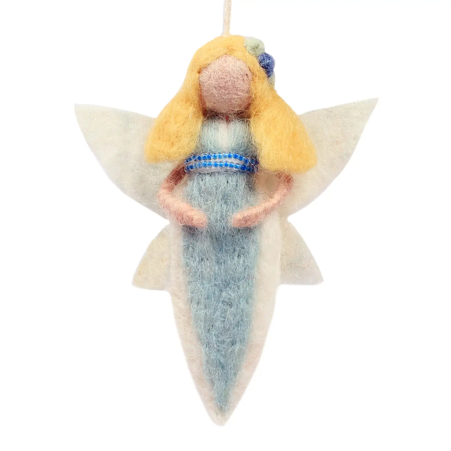 Felted angel figurine with blonde hair and blue dress on a white background