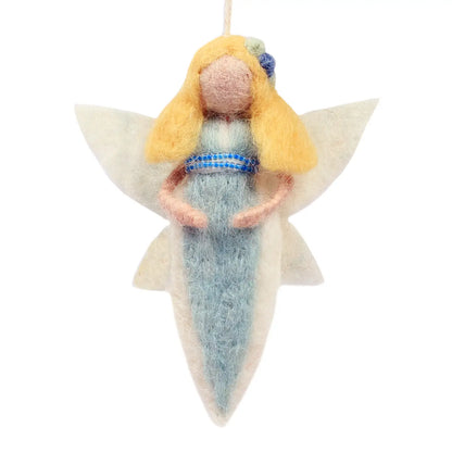 Felted angel figurine with blonde hair and blue dress on a white background