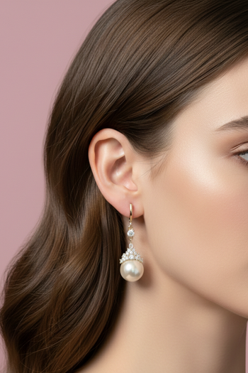 Gold Pearl Drop Earrings with Cubic Zirconia Crown - Elegant Wedding and Special Occasion Earrings