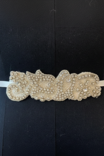 Thin Ivory Waist Sash with Crystal and Beaded Detail