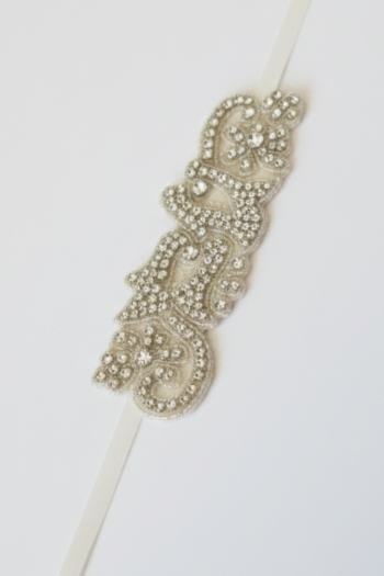 Thin Ivory Waist Sash with Crystal and Beaded Detail