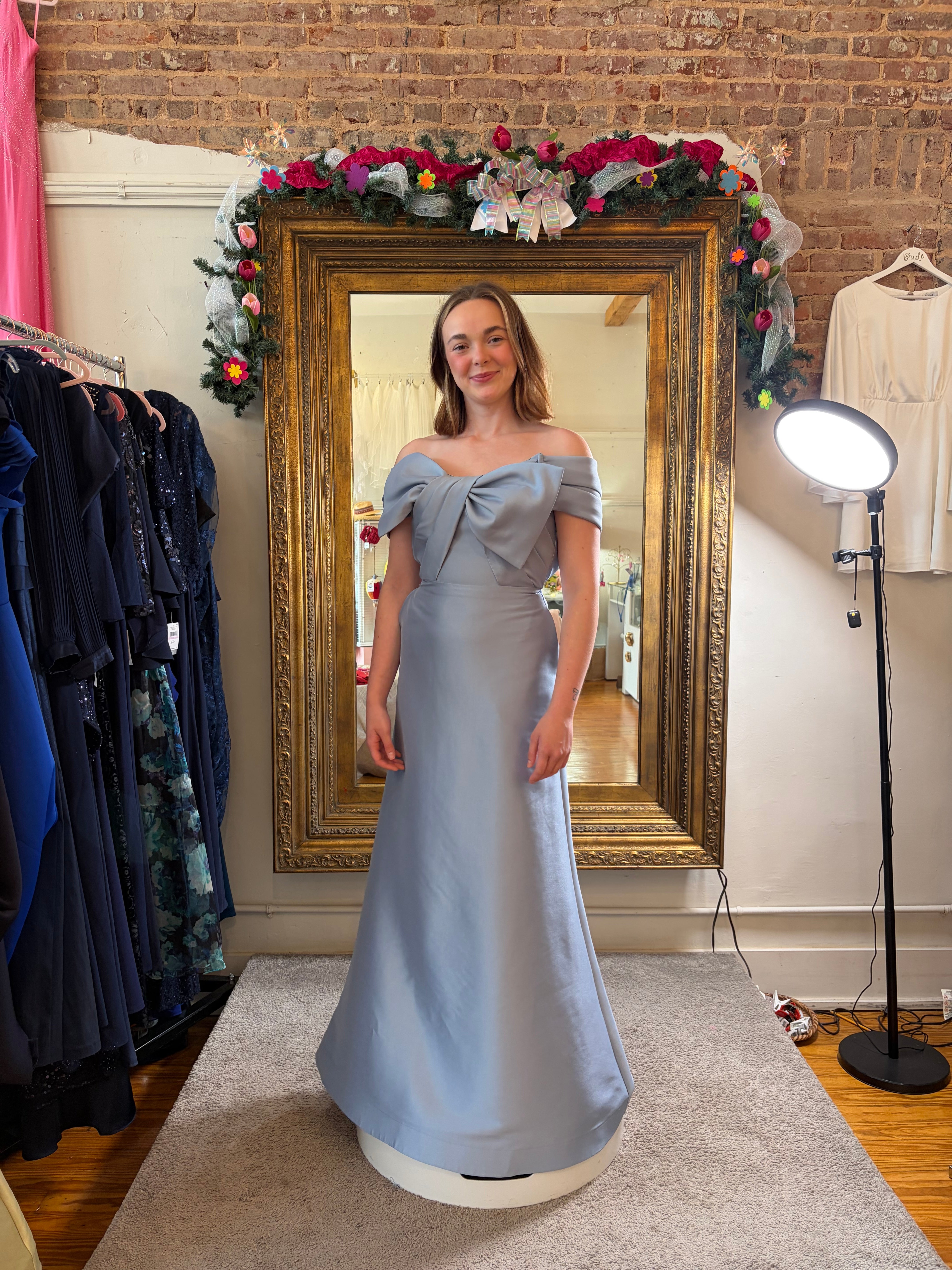 Alyce Paris Off-Shoulder Bow Accent Mermaid Gown – Dusty Blue | Size 4/6 | MOB Formal