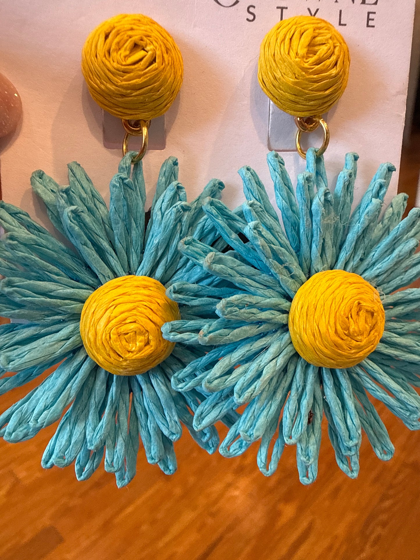 Turquoise & Yellow Raffia Flower Drop Earrings | Boho Stud Dangle