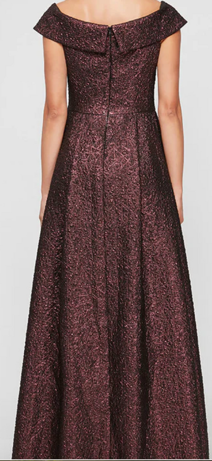 Back view of burgundy metallic jacquard evening gown showing back zipper closure and full-coverage back