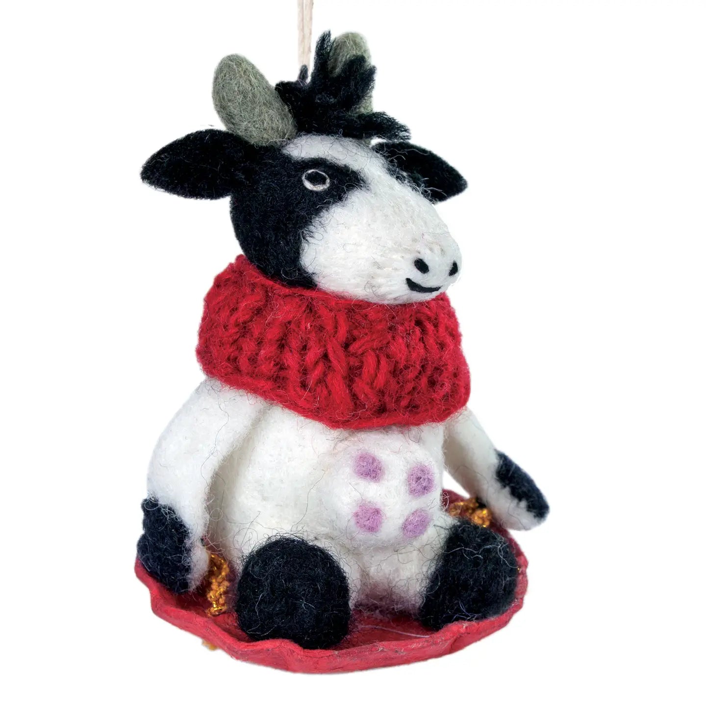 Felted animal ornament with a red sweater on a white background