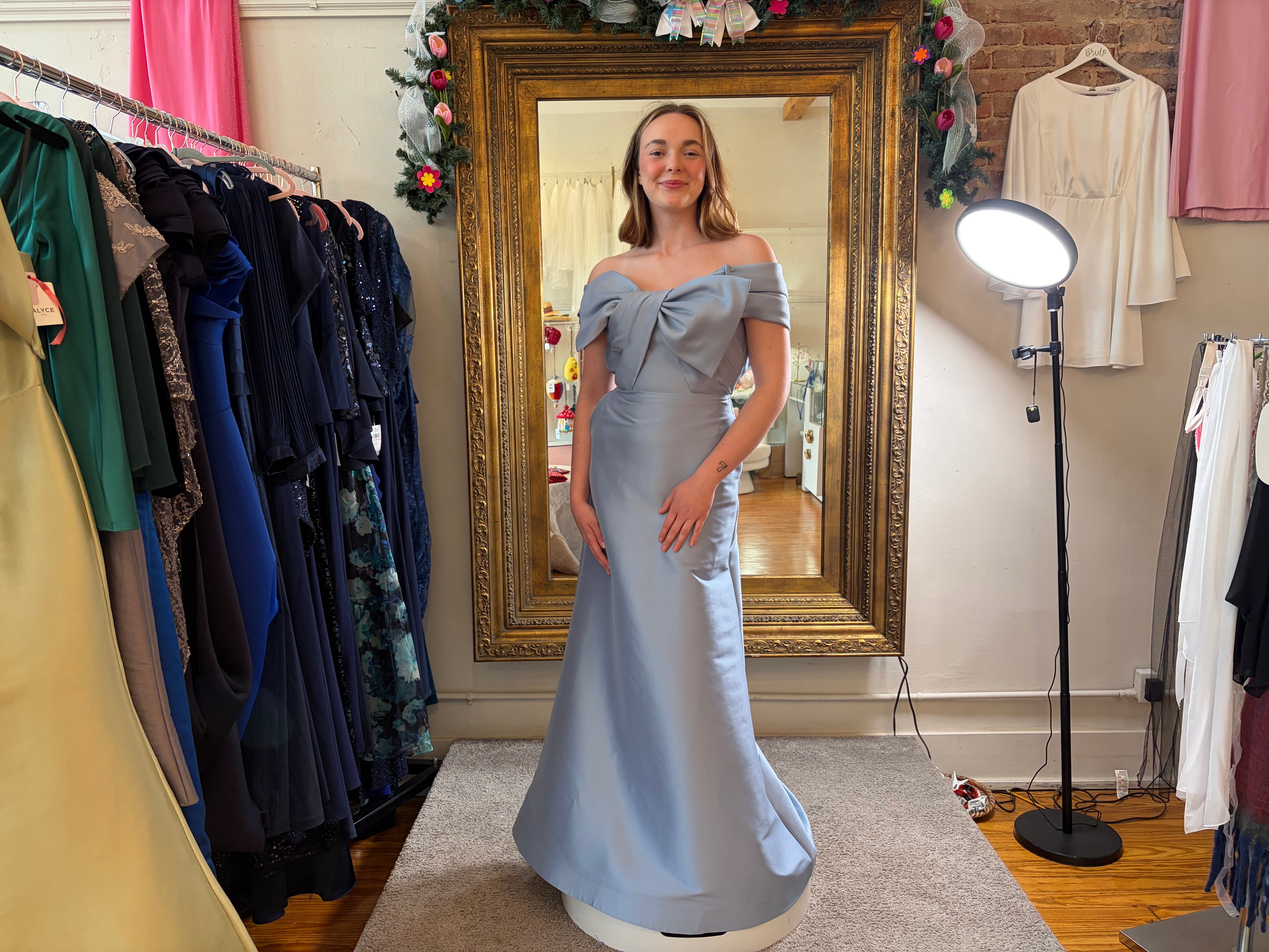 Alyce Paris Off-Shoulder Bow Accent Mermaid Gown – Dusty Blue | Size 4/6 | MOB Formal