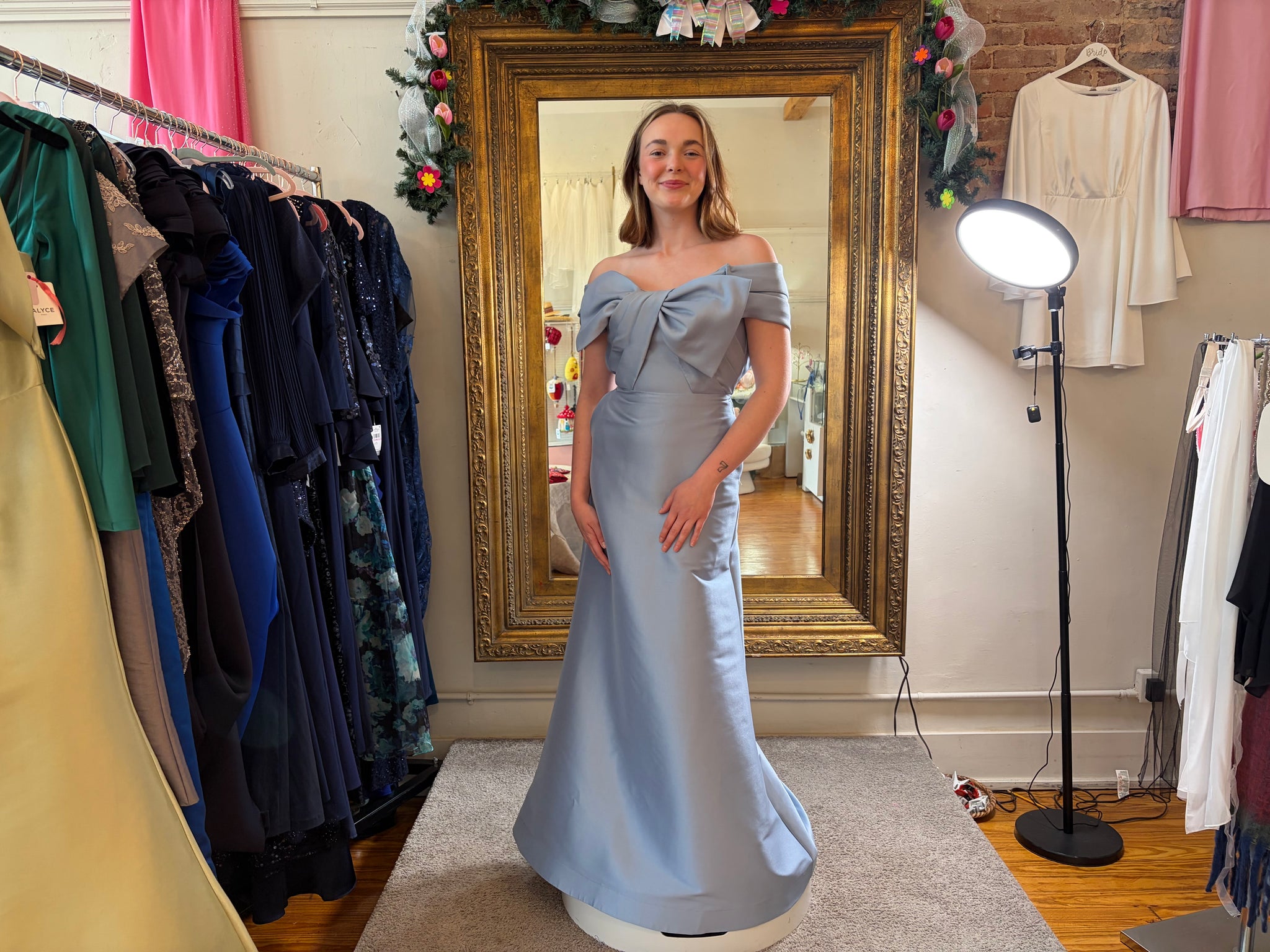 Alyce Paris Off-Shoulder Bow Accent Mermaid Gown – Dusty Blue | Size 4/6 | MOB Formal