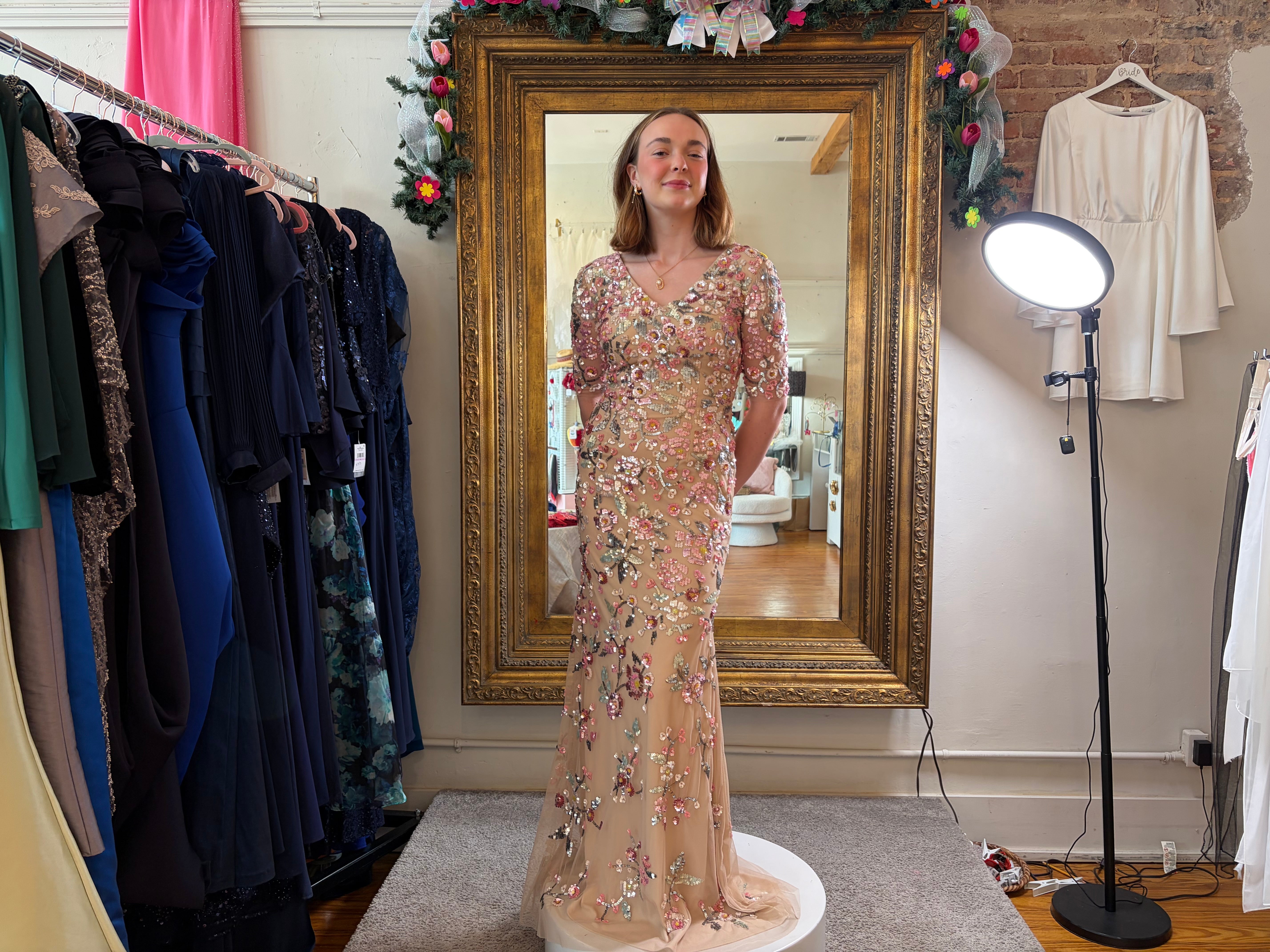 Alyce Paris Floral Sequin Beaded Gown – Nude/Multi | Size 2 | Formal