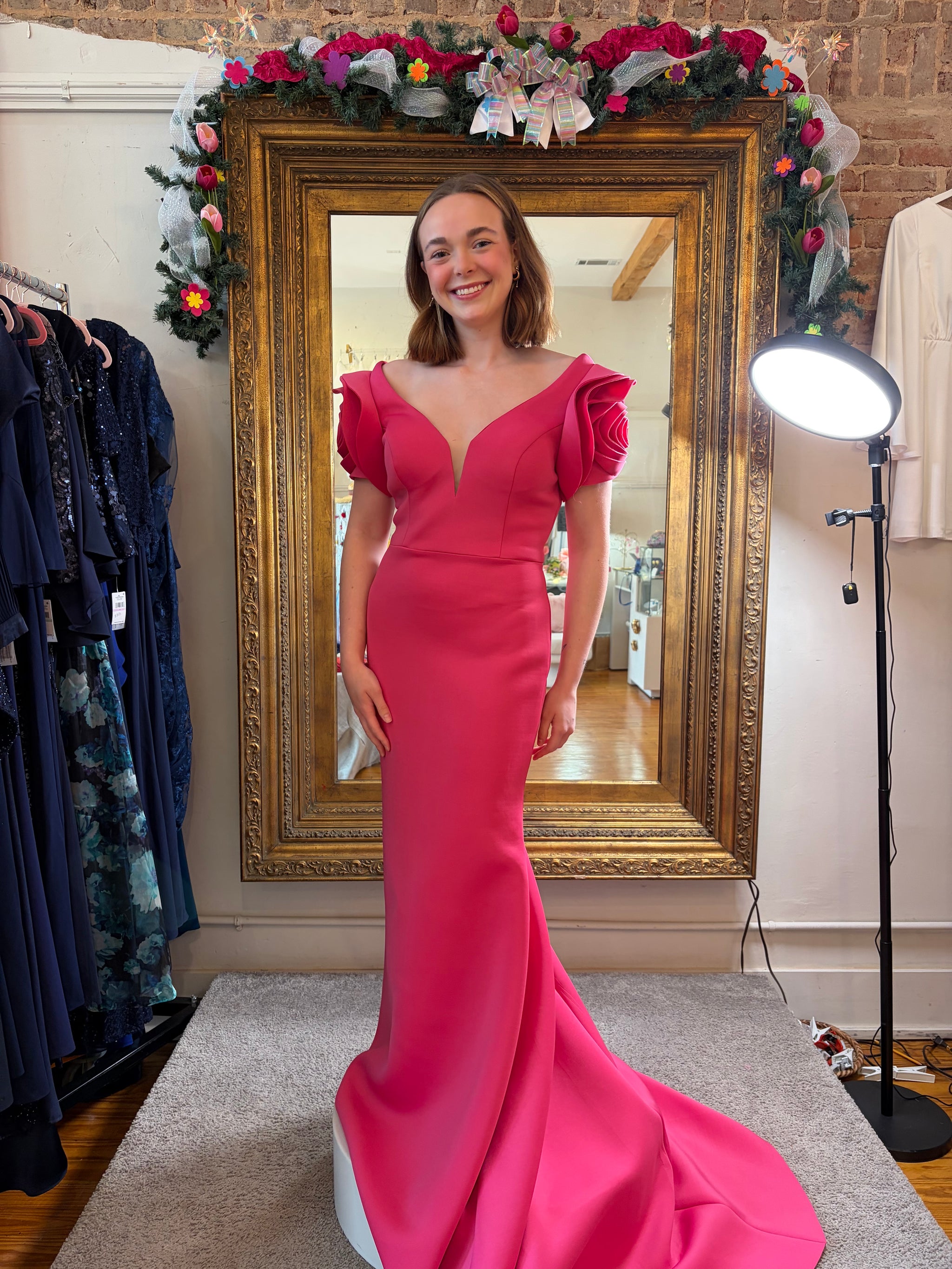 Hot Pink Scuba Mermaid Prom Gown by Alyce with Floral Puff Sleeves – Size 8