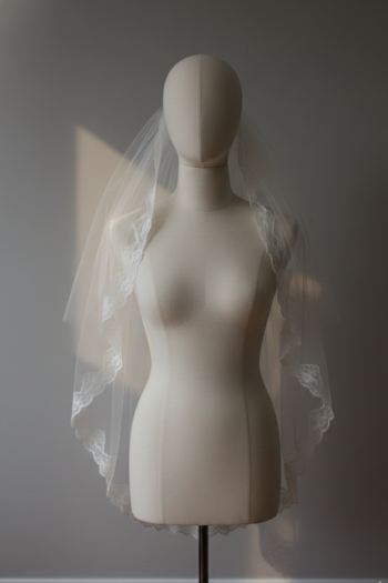 A two-tier white tulle bridal veil featuring a delicate floral lace scalloped edge is displayed on a black mannequin against a minimalist gray background. The sheer fabric drapes gracefully, showcasing its fine texture and classic wedding style.
