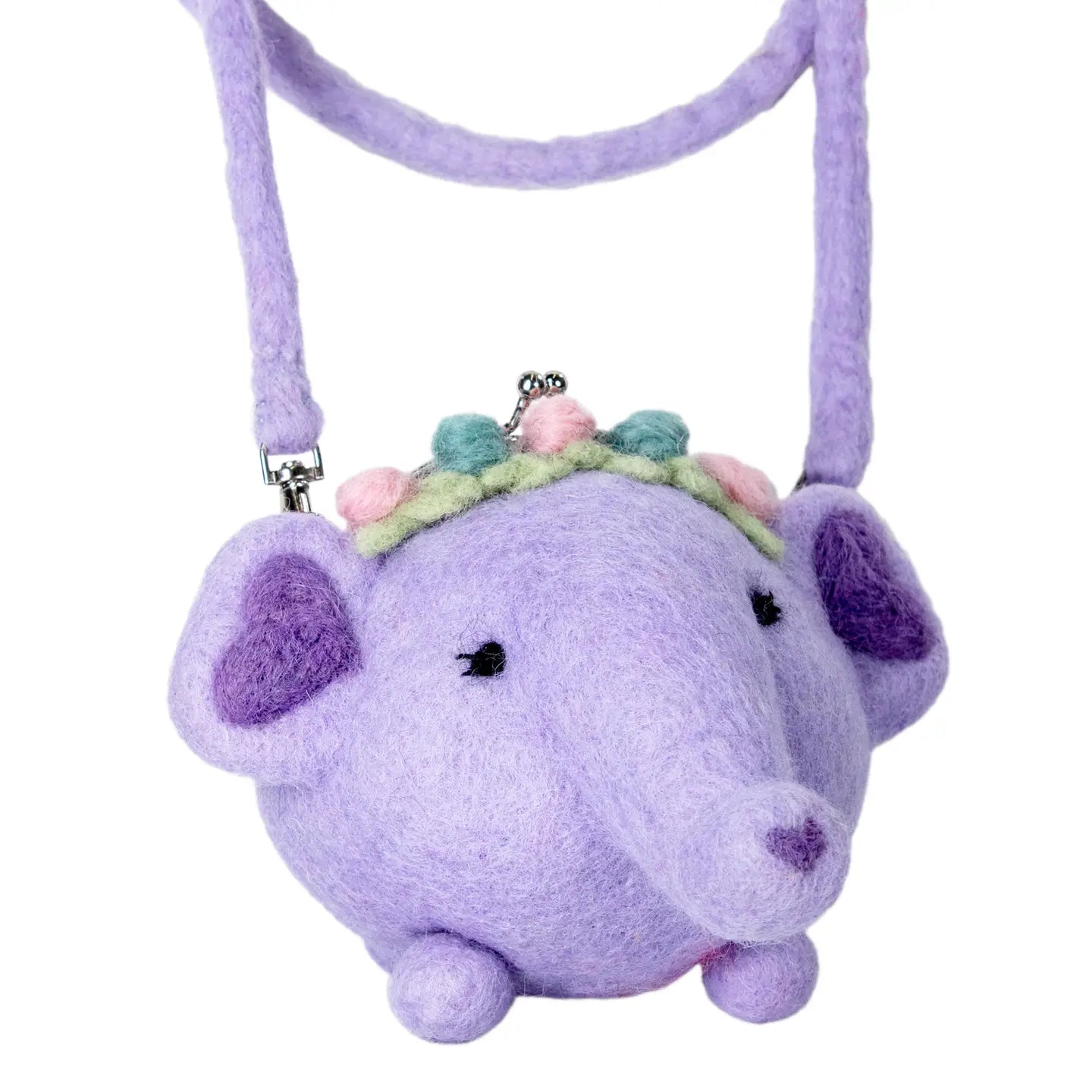 A purple felt purse shaped like an elephant wearing a flower crown with a shoulder strap.