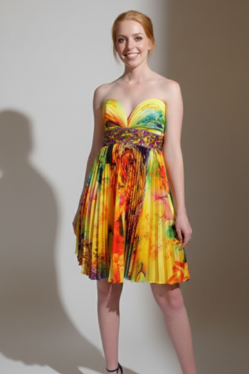 Woman wearing a colorful strapless dress against a plain background