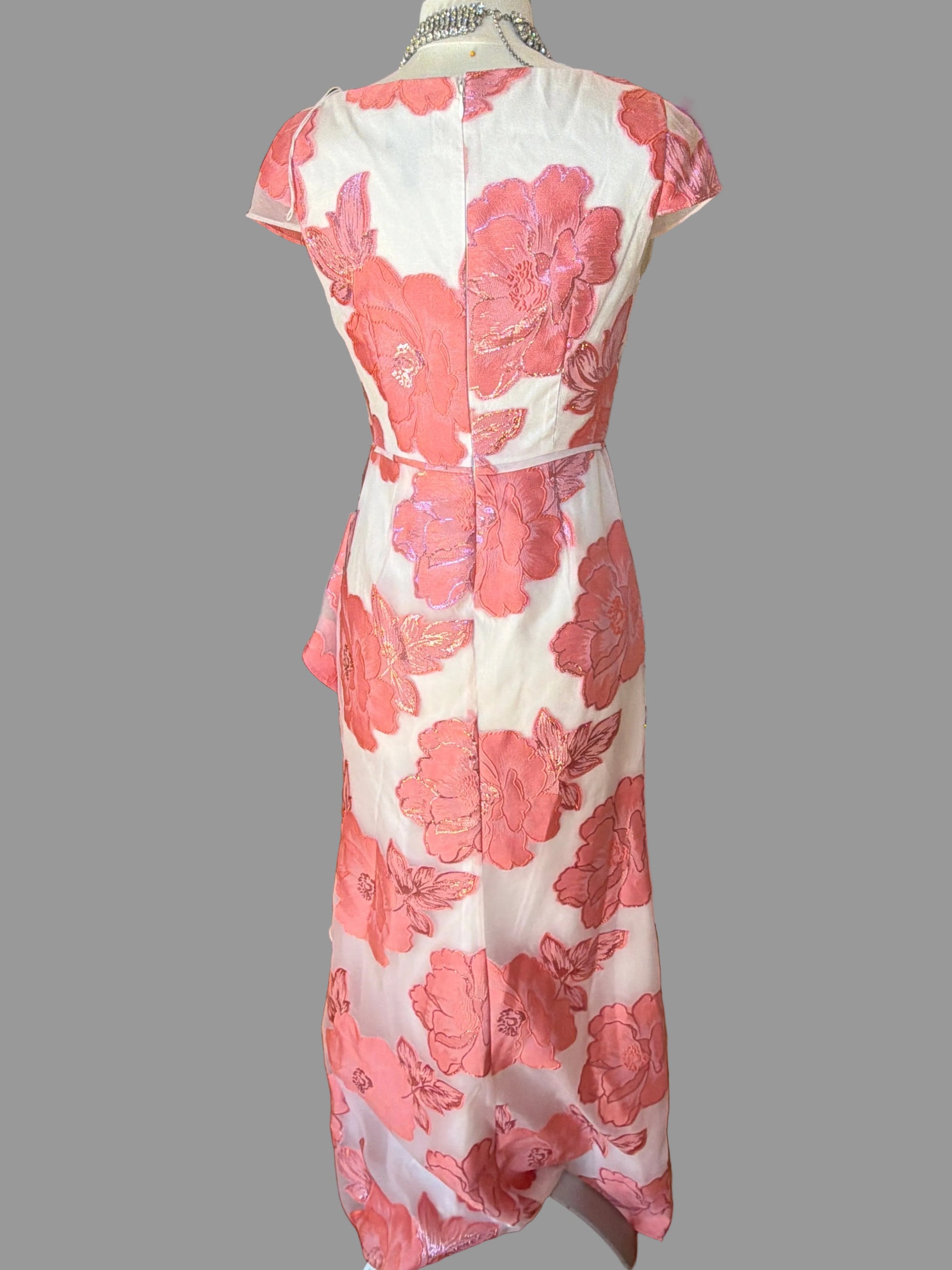 Adrianna Papell size 6 coral blush floral jacquard ruffle wrap maxi dress