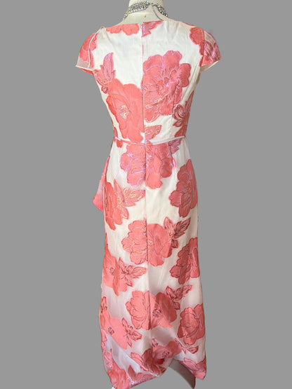 Adrianna Papell size 6 coral blush floral jacquard ruffle wrap maxi dress