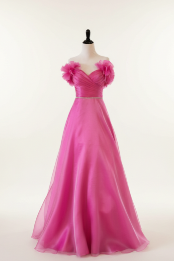 Alyce Paris Fuchsia Shimmering Ball Gown with Off Shoulder Ruffles and Beaded Waistband - Size 2