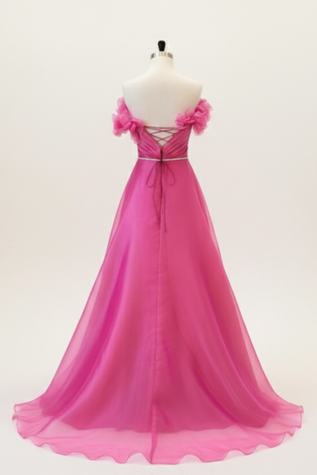 Alyce Paris Fuchsia Shimmering Ball Gown with Off Shoulder Ruffles and Beaded Waistband - Size 2