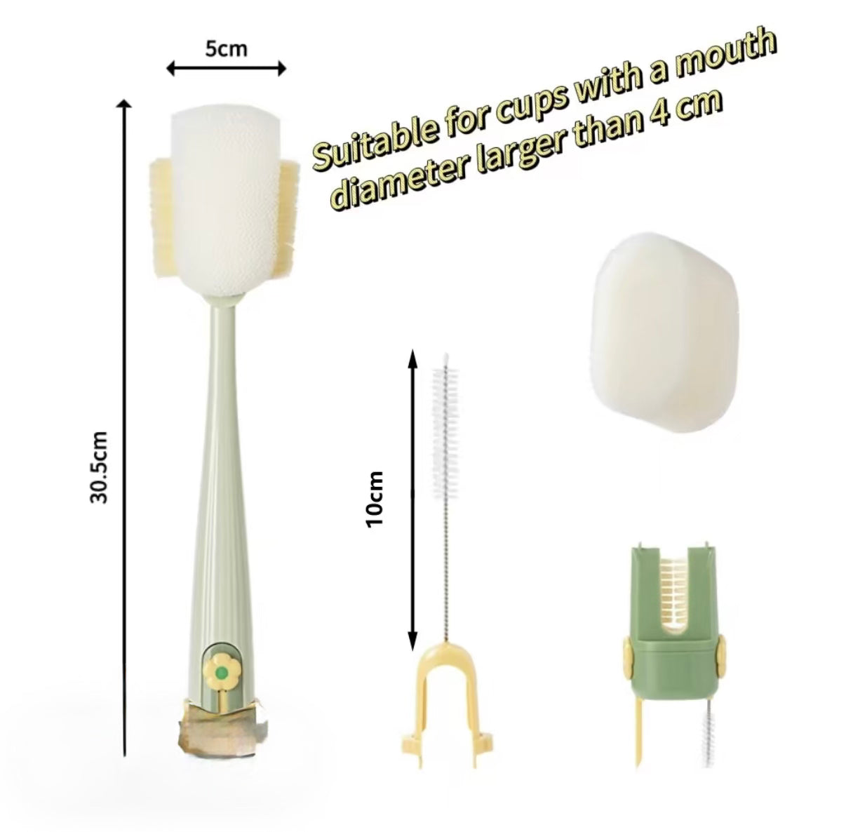 Baby bottle cleaning brush set with measurements on a white background