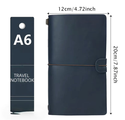 Navy blue travel notebook with dimensions and 'A6' label on a white background