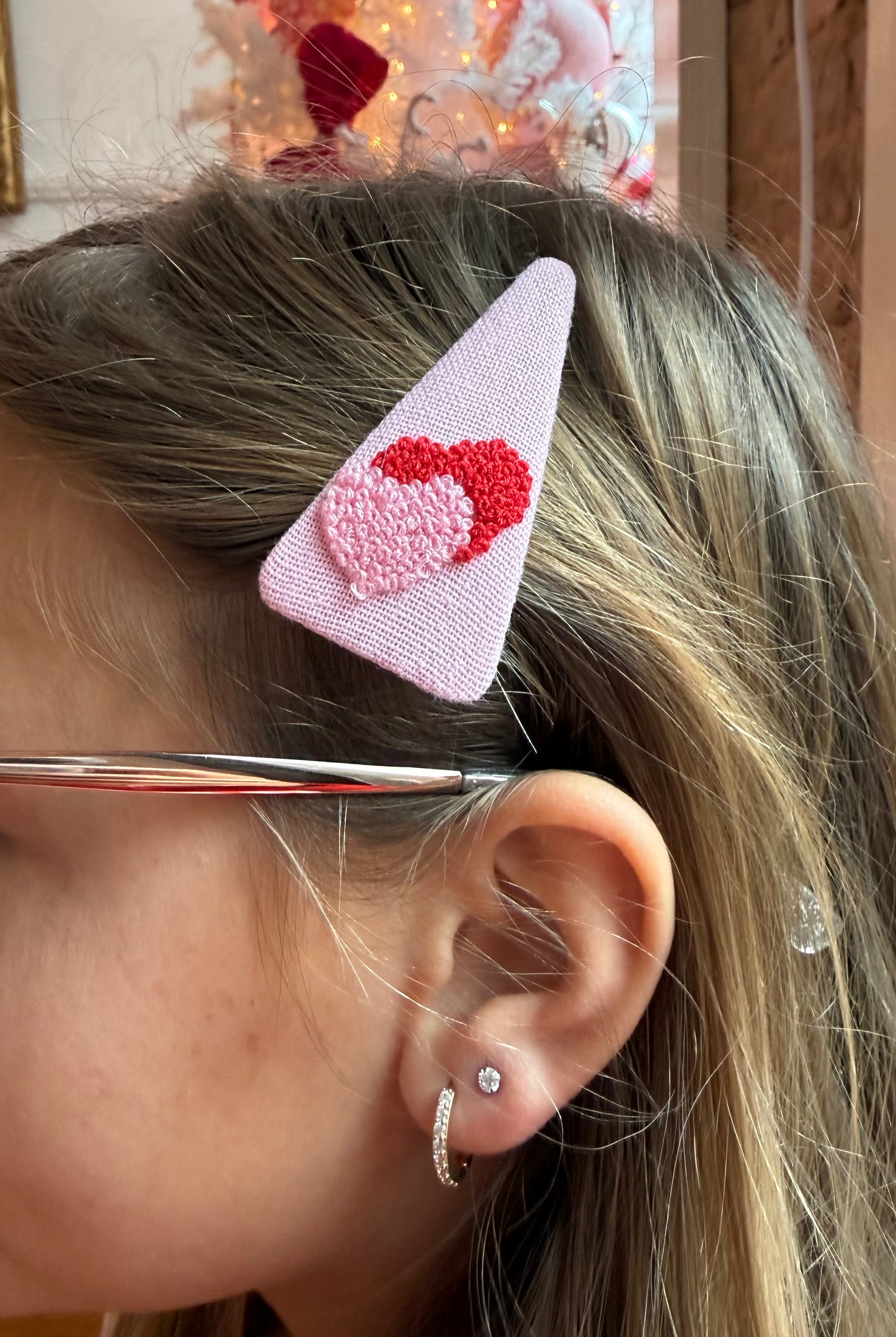 Double Heart Embroidered Hair Barrette (sold as 2 pack)