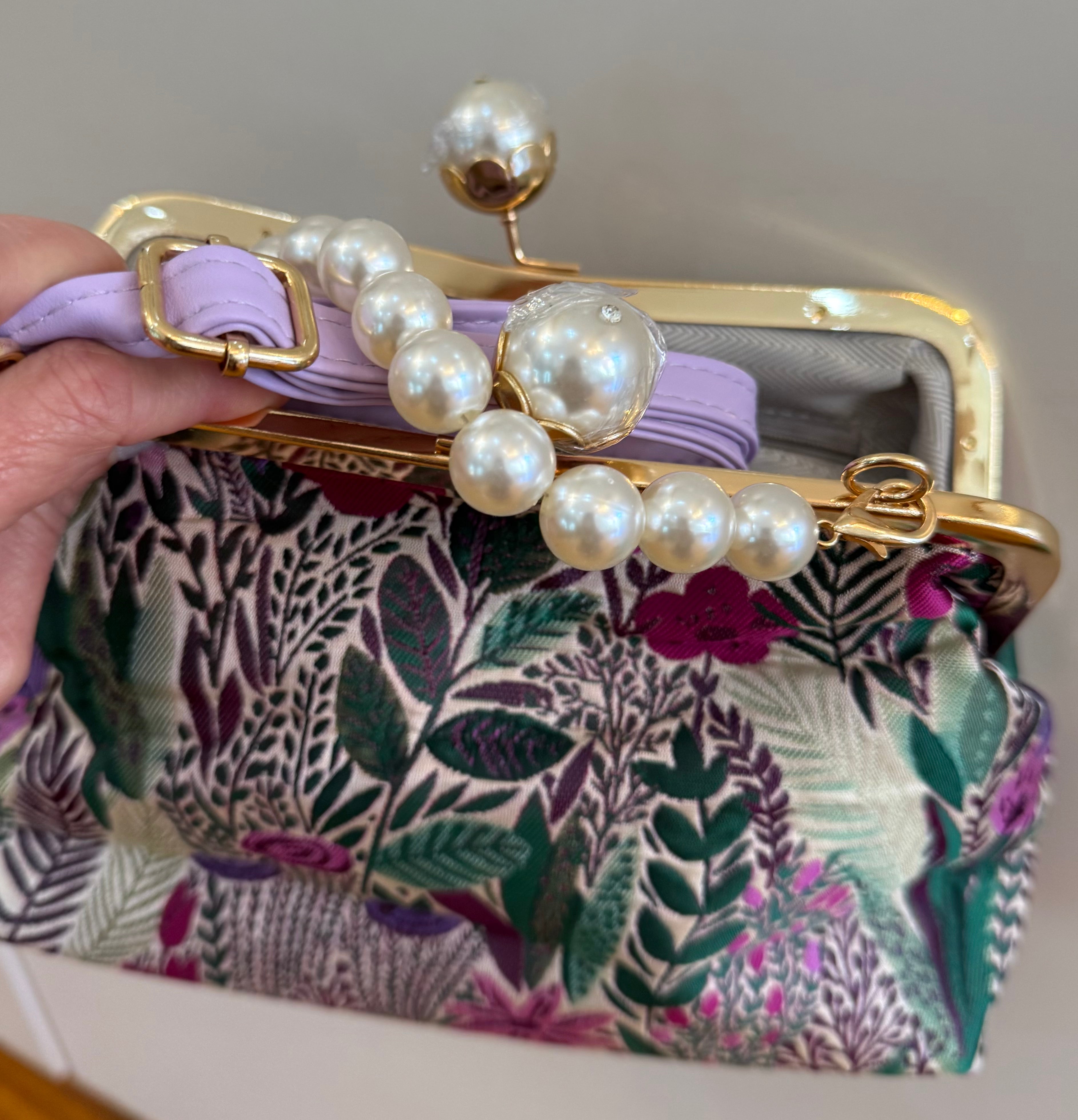 Floral Purse; Purple and Pearl Straps Included