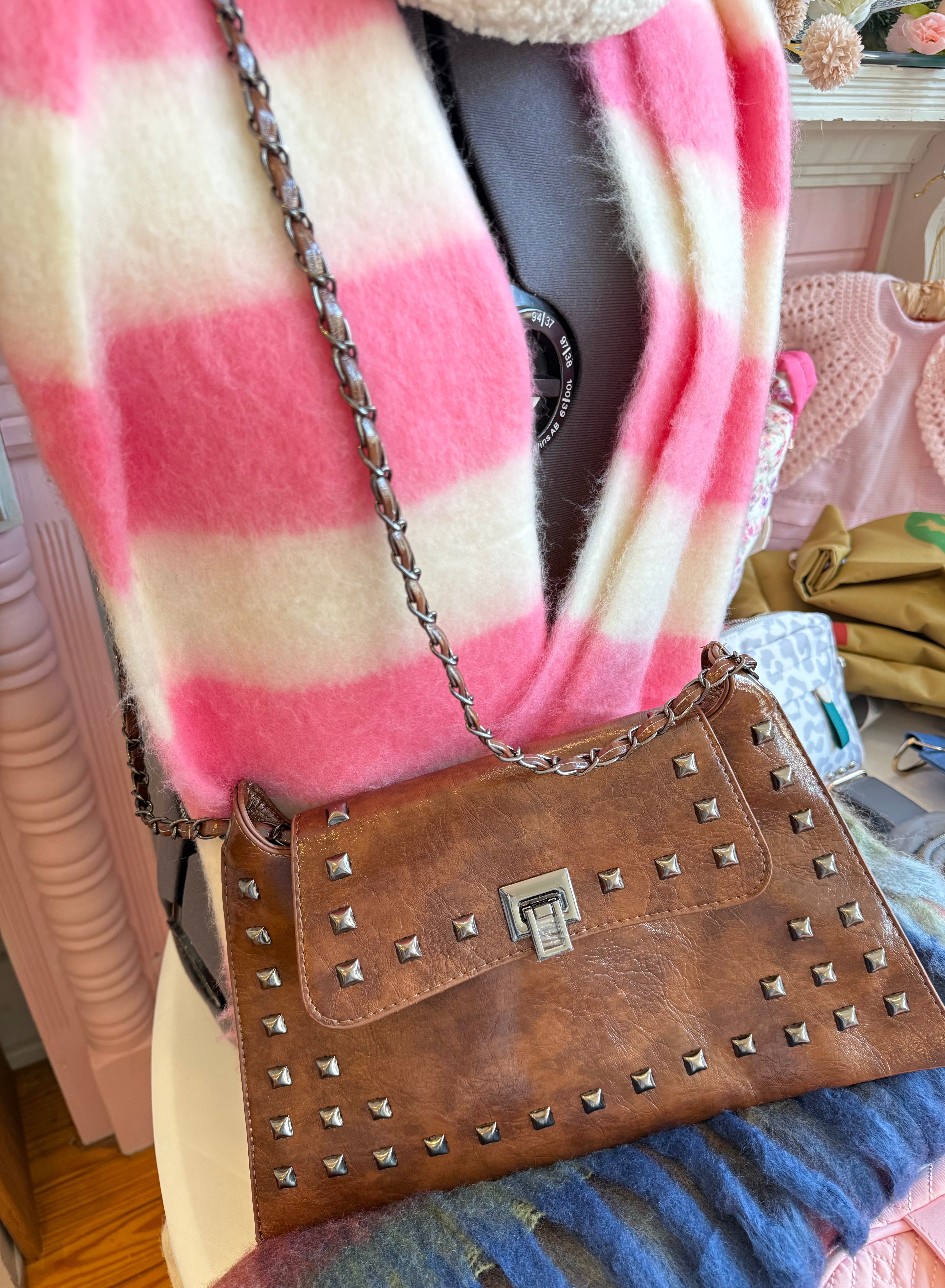 Studded Leather Cross Body/Shoulder Bag, Brown