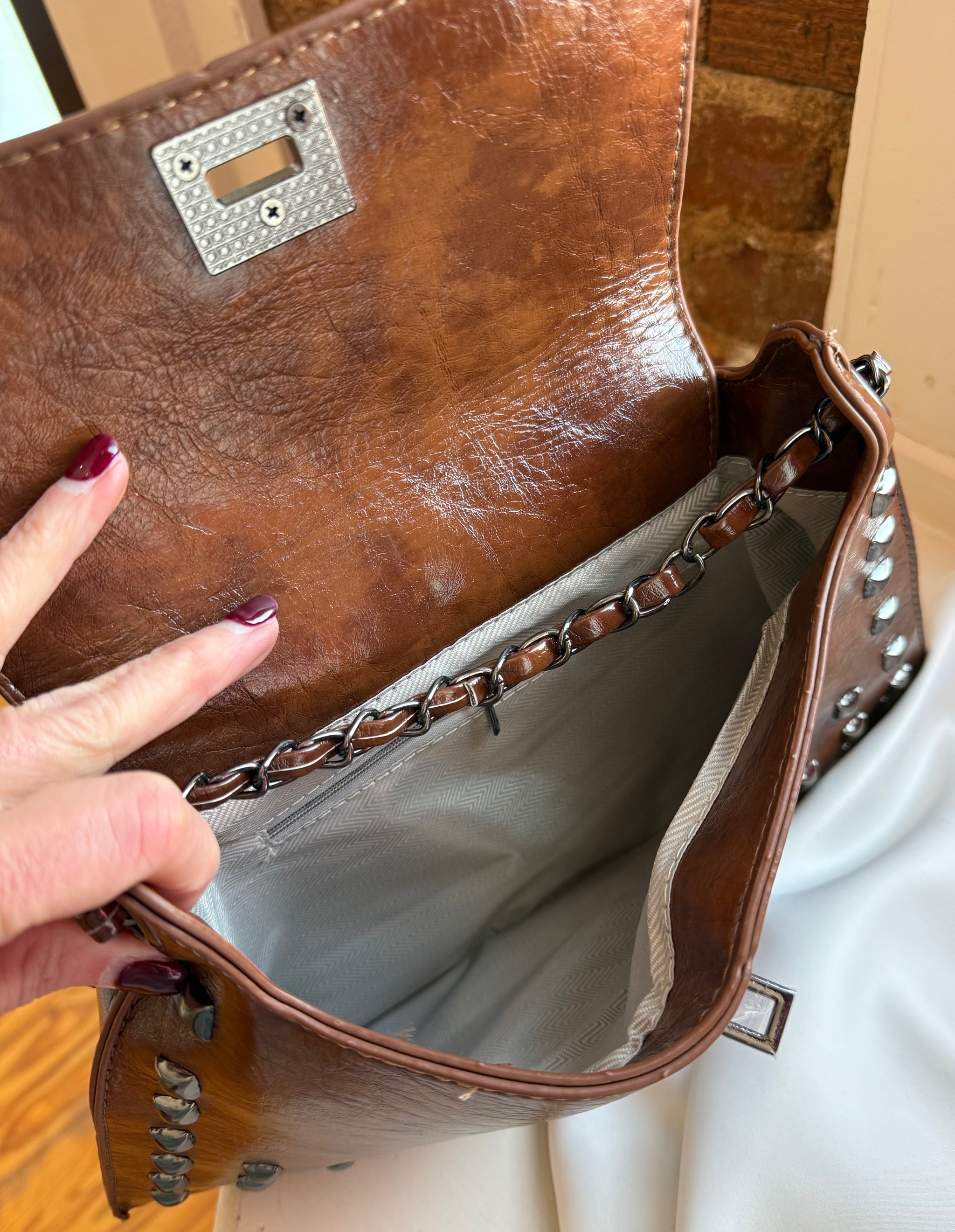 Studded Leather Cross Body/Shoulder Bag, Brown