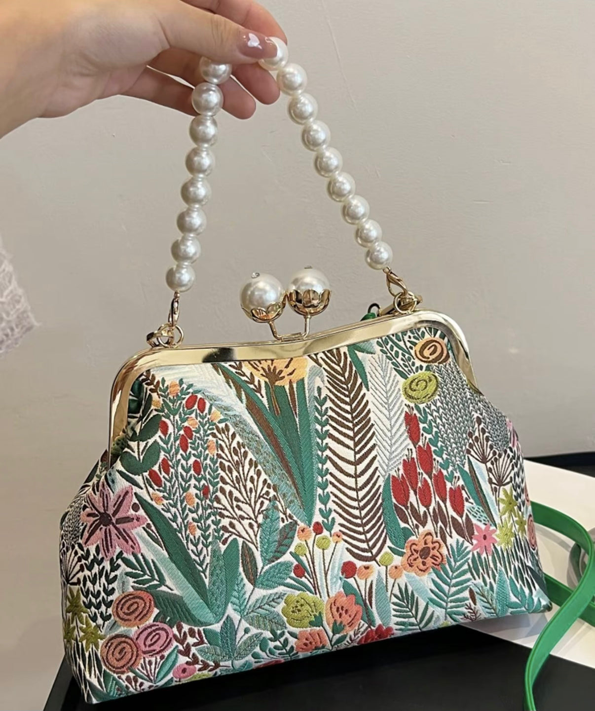 Floral Purse; Green and Pearl Straps Included