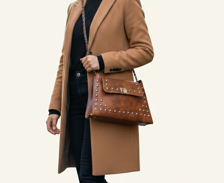 Person wearing a brown coat holding a brown leather handbag with studs on a light beige background