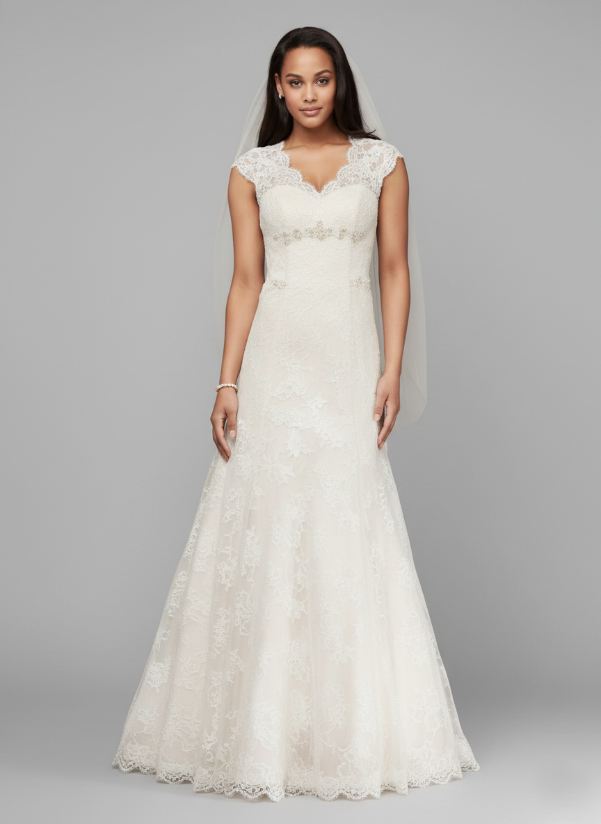 Woman wearing a white lace wedding dress on a gray background