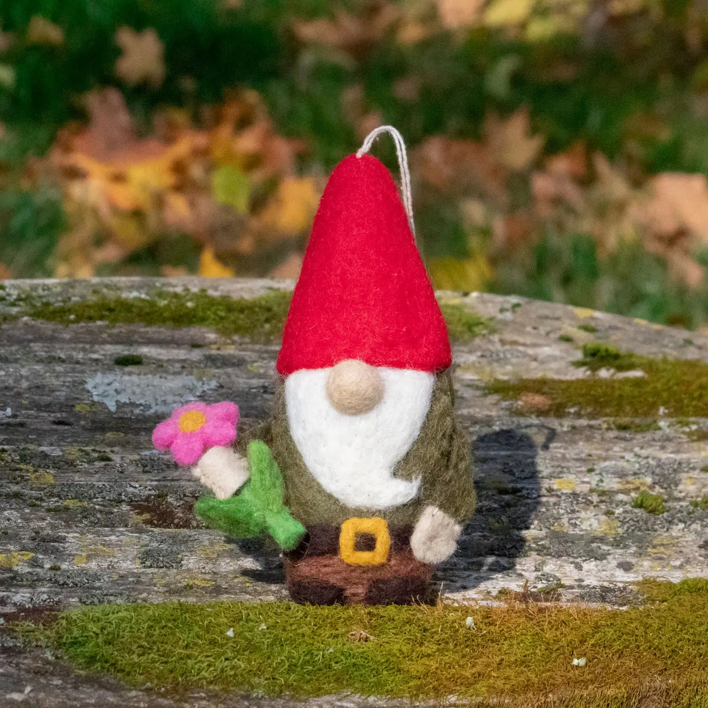 Fair Trade Felt Forest Gnome Ornament with Flower | Handmade in Nepal | 5.75"