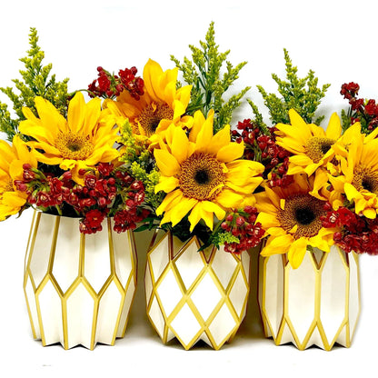 Three geometric-patterned vases with sunflowers and red flowers on a white background