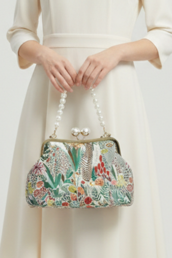 Floral Purse; Green and Pearl Straps Included