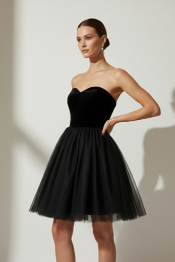 Woman wearing a black strapless dress with a tulle skirt against a neutral background