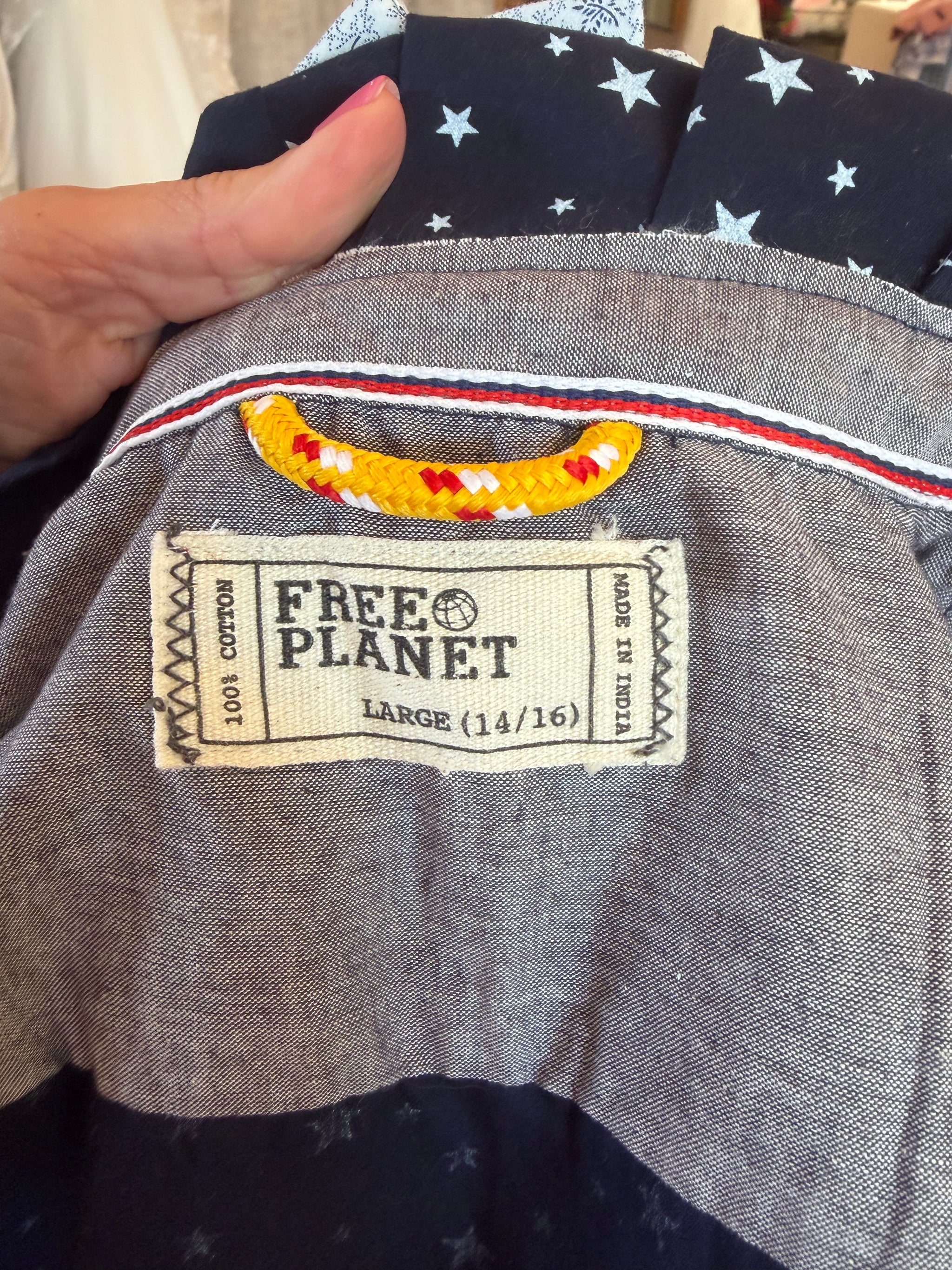 Free Planet Navy Star Print Ruffle Collar Top – Upcycled, Kids 14/16 / Adult XS-S