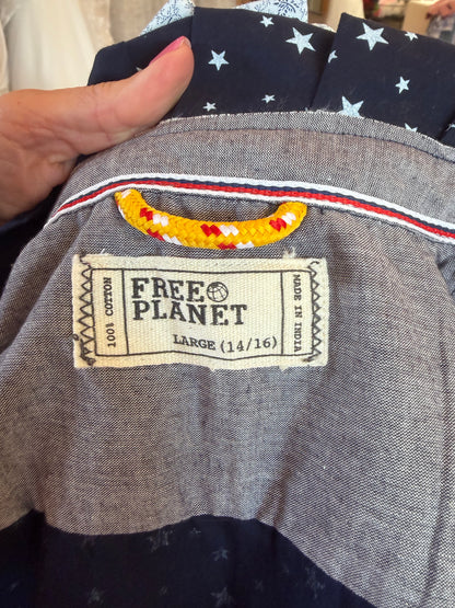 Free Planet Navy Star Print Ruffle Collar Top – Upcycled, Kids 14/16 / Adult XS-S