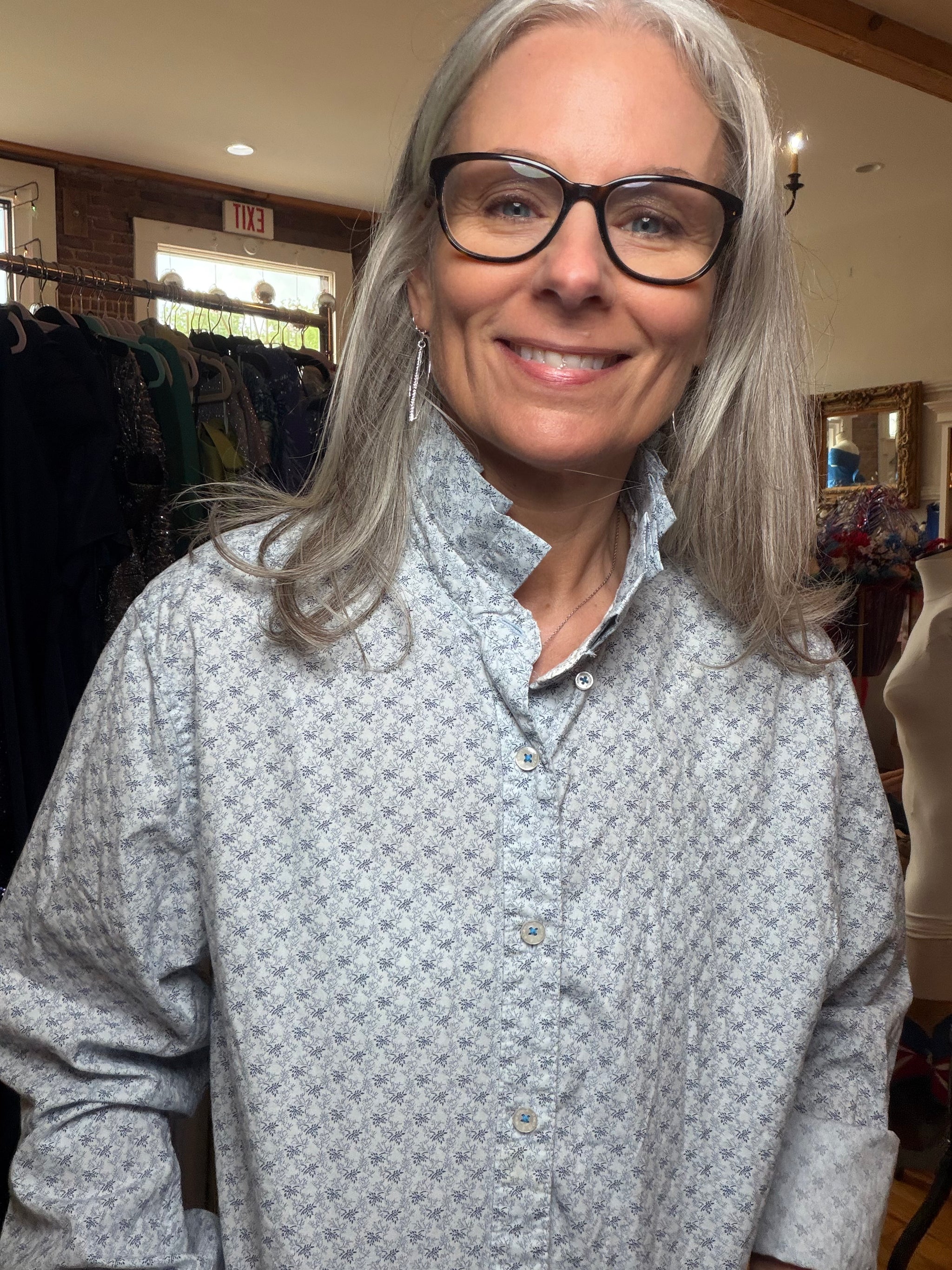 Denim & Flower Ruffle-Neck Button-Up in Blue Floral