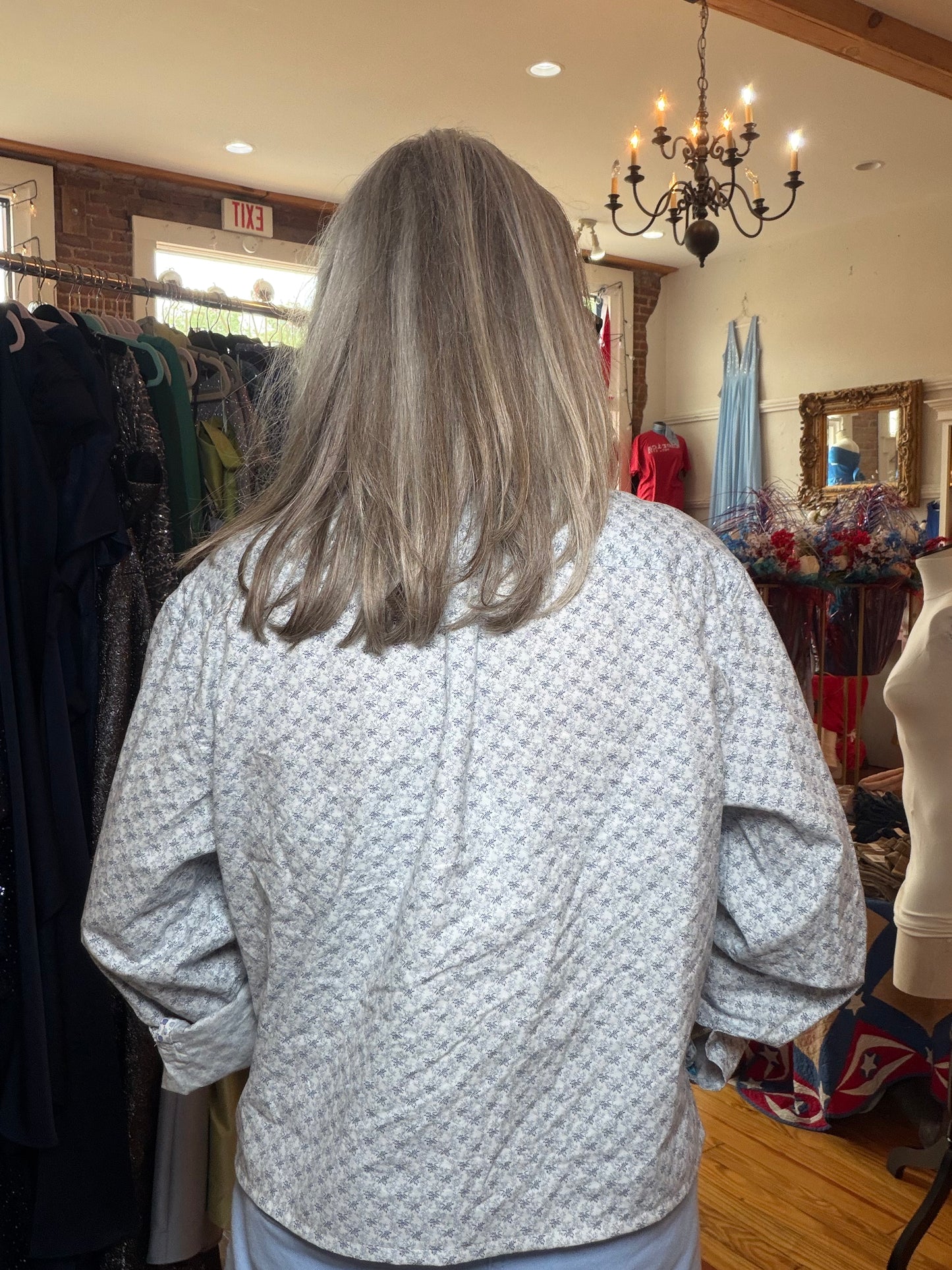 Denim & Flower Ruffle-Neck Button-Up in Blue Floral