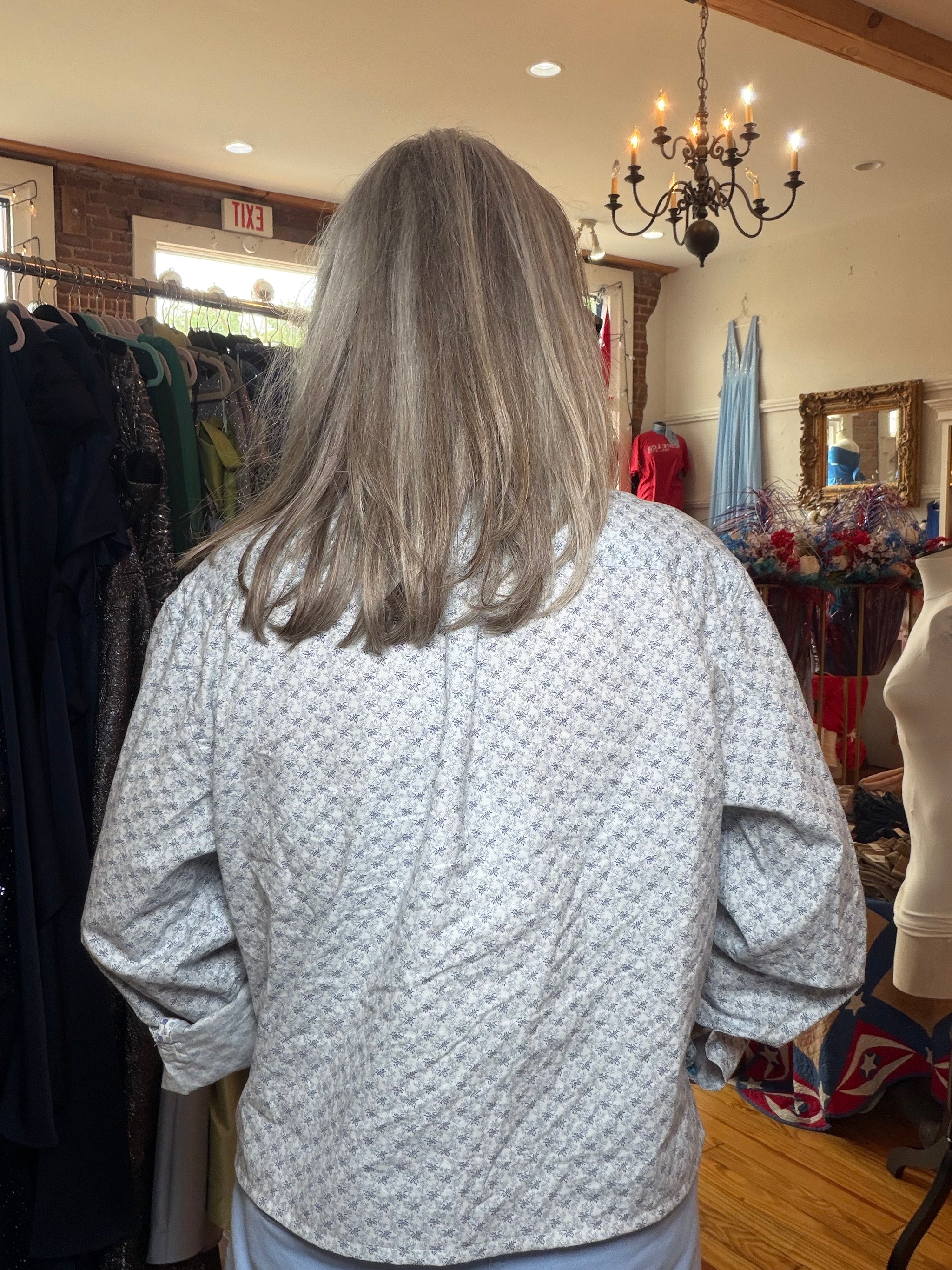 Denim & Flower Ruffle-Neck Button-Up in Blue Floral