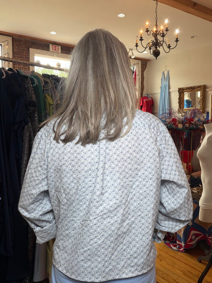Denim & Flower Ruffle-Neck Button-Up in Blue Floral