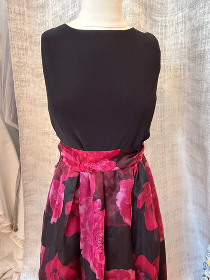Eliza J Pink Floral Gown – Black Bodice, Organza Skirt, Keyhole Back, Size 12