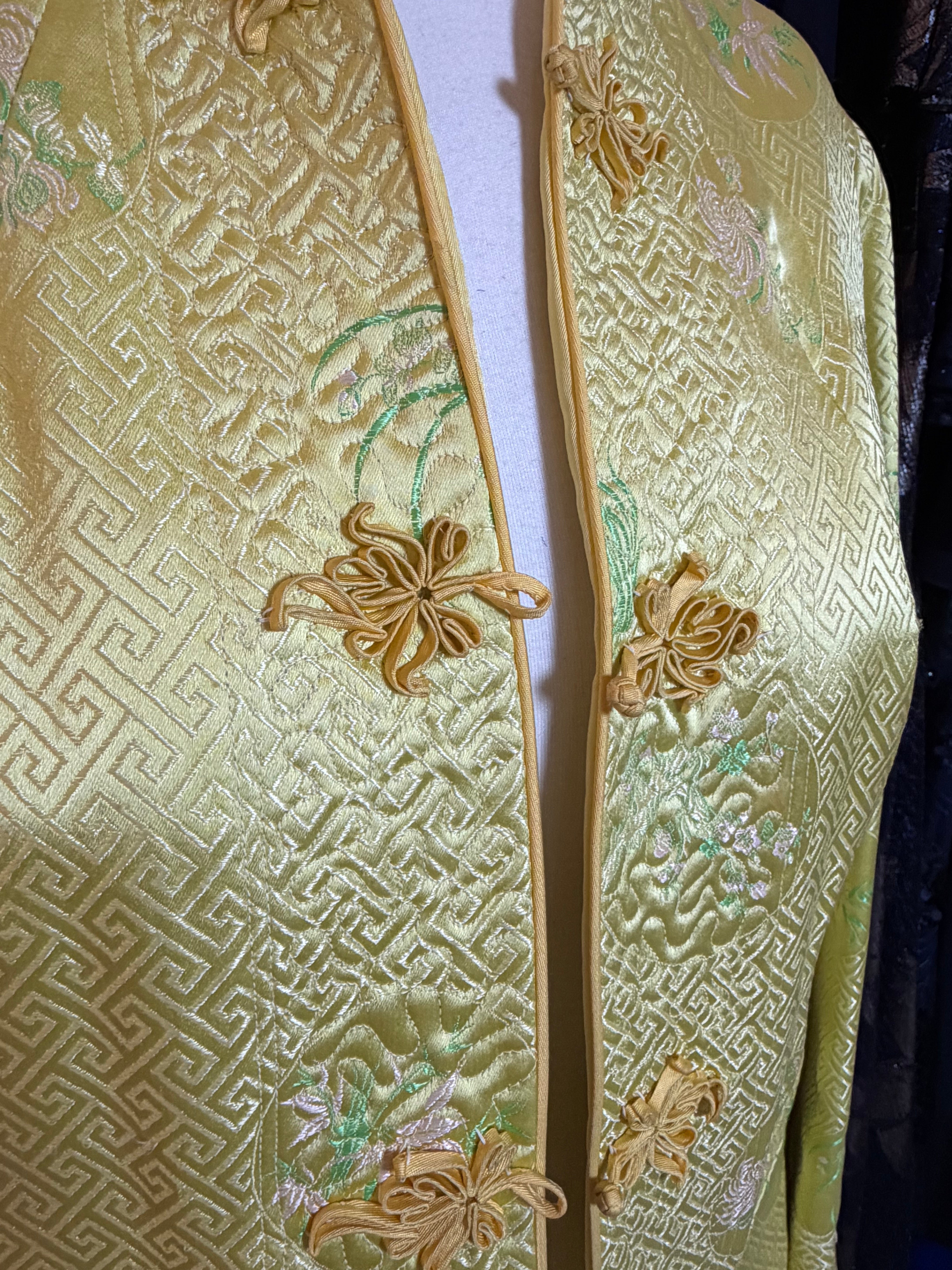 Vintage Gold-Green Silk Brocade Jacket – Embroidered Floral, Frog Closures, Size Medium