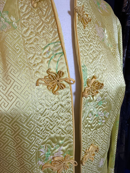 Vintage Gold-Green Silk Brocade Jacket – Embroidered Floral, Frog Closures, Size Medium