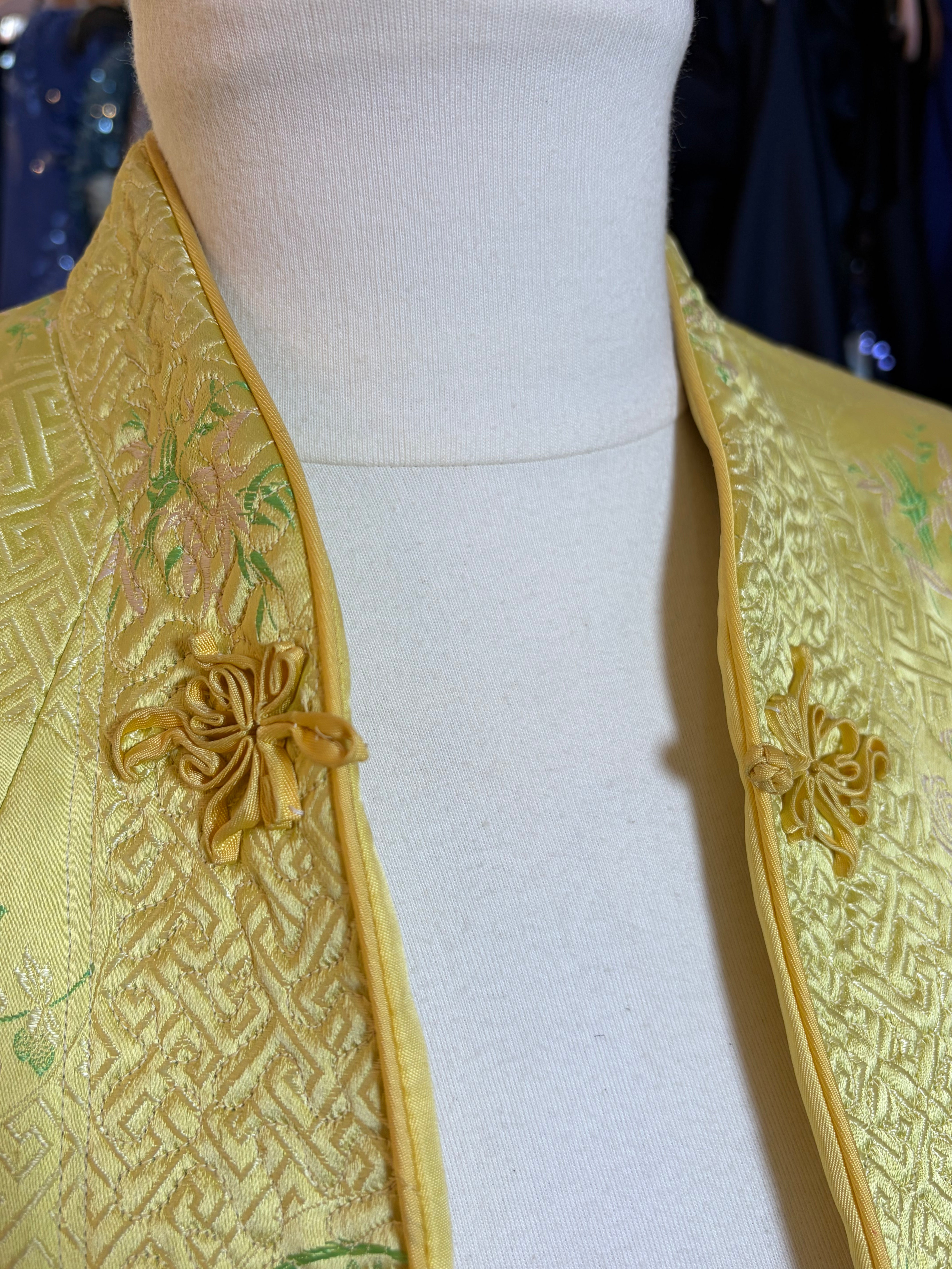 Vintage Gold-Green Silk Brocade Jacket – Embroidered Floral, Frog Closures, Size Medium