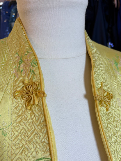 Vintage Gold-Green Silk Brocade Jacket – Embroidered Floral, Frog Closures, Size Medium
