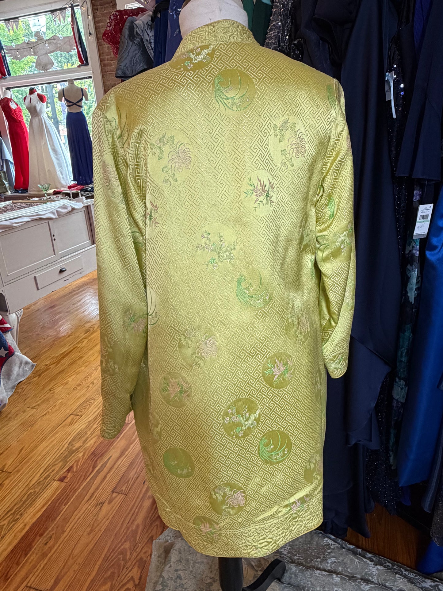 Vintage Gold-Green Silk Brocade Jacket – Embroidered Floral, Frog Closures, Size Medium